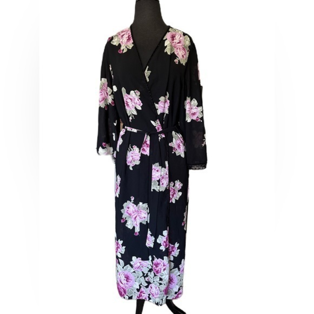 Oscar‎ De La Renta Pink Label Long Ankle Floral Robe Black Pink Lace Cuffs Large